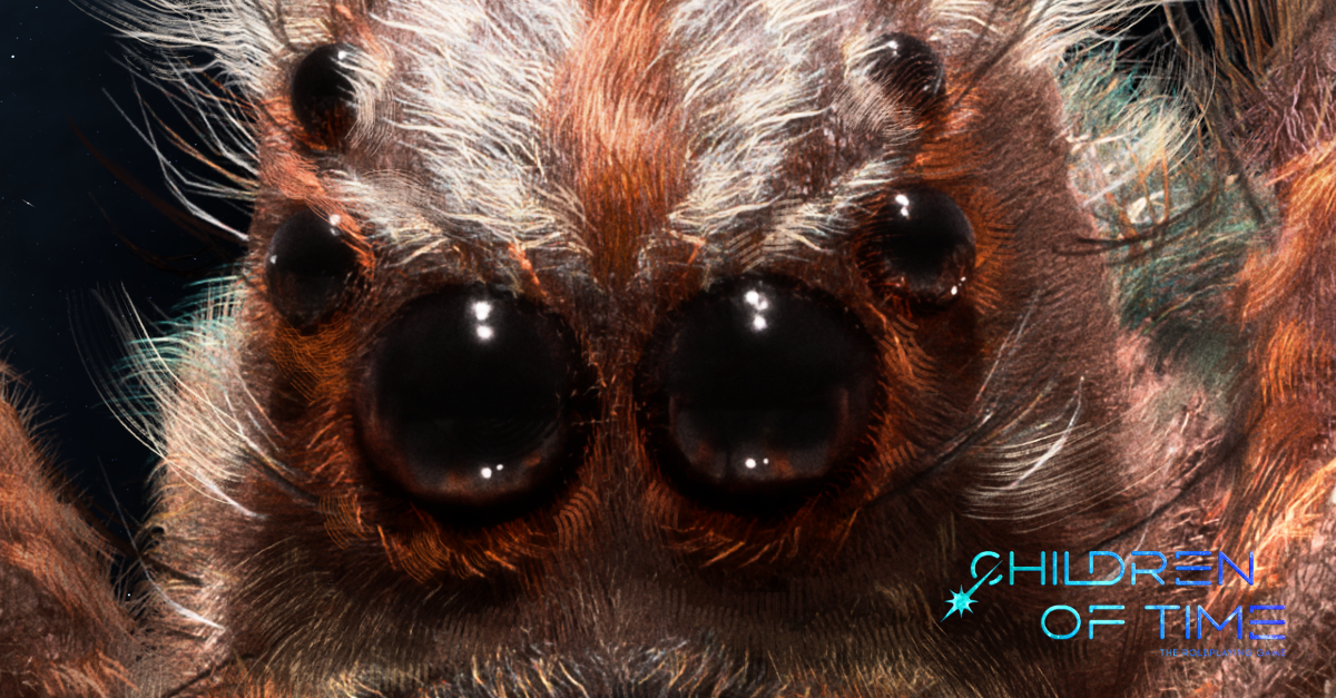 Close up Image of a photorealistic spider gazing directly at the camera, with Children of Time written in the lower left of the image.
