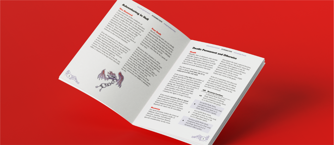 A digital mockup of a spread from the book showing some of the introductory rules, a table, and an illustration of a key imp.