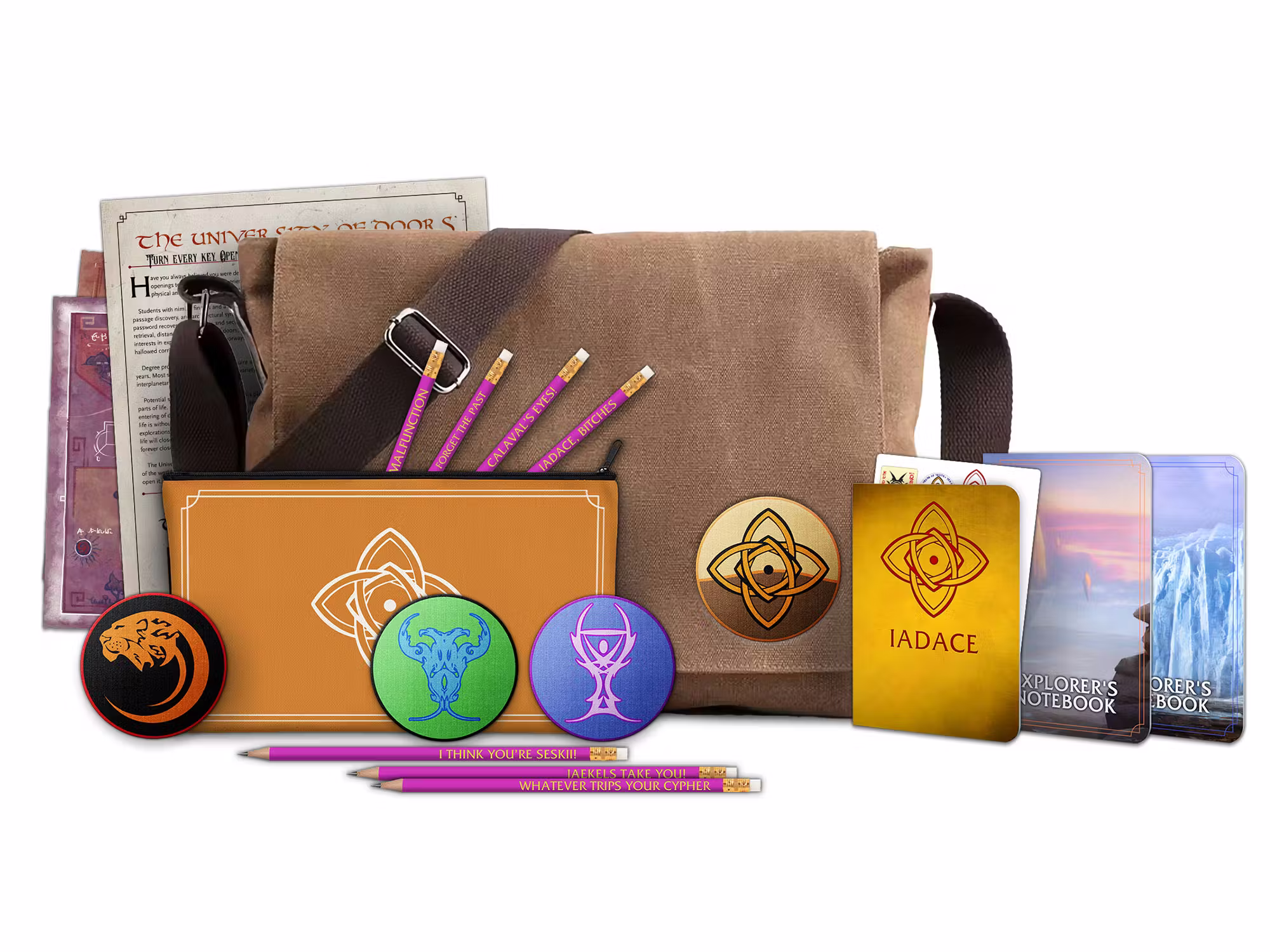 Mockup of the Ninth World Explorer's kit, showing a bag with props, notebooks, a passport, patches, stickers, and pencils.