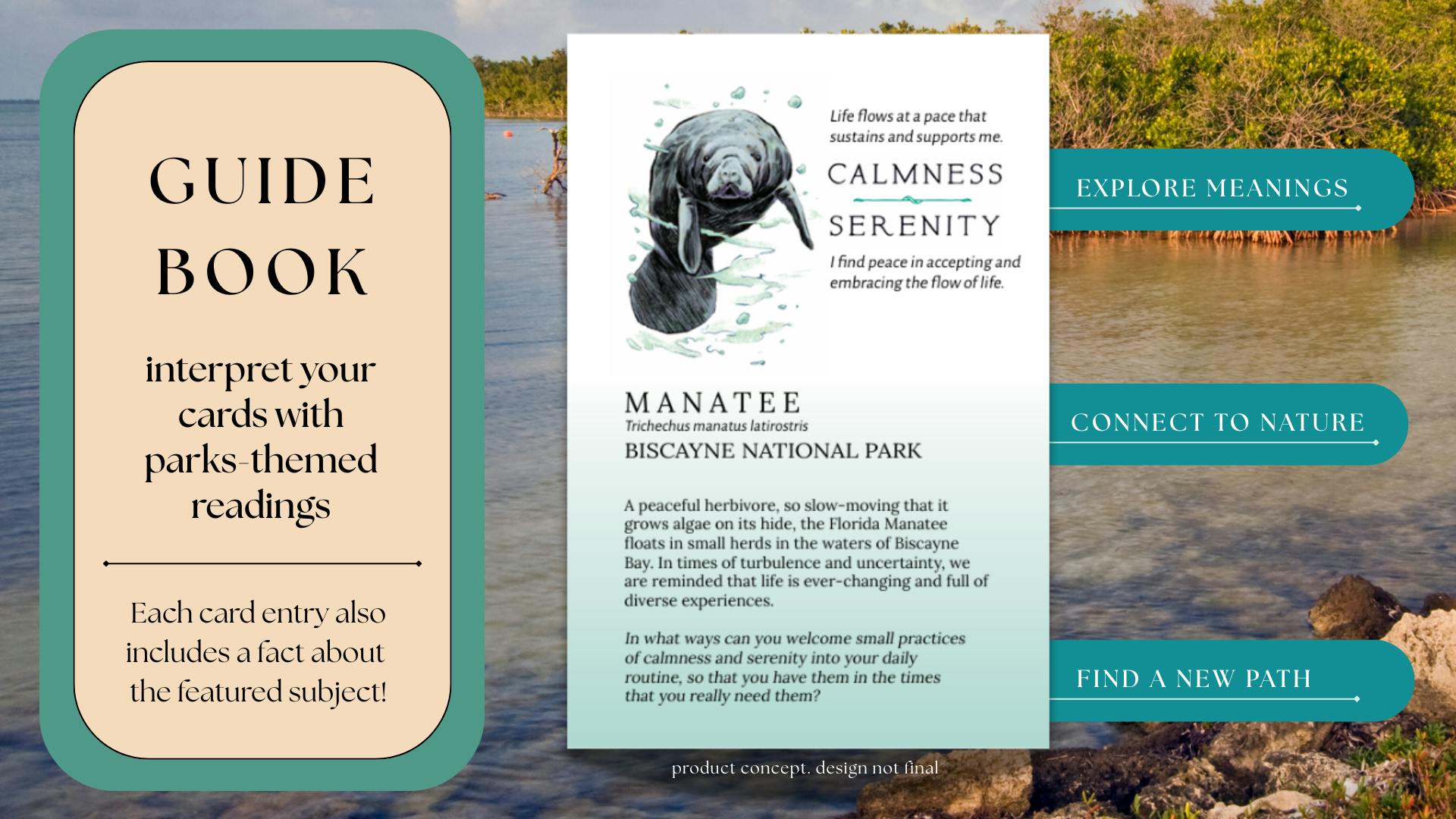 Guidebook - interpret your cards with parks-themed readings. Each card entry also includes a fact about the featured subject! Image of sample page