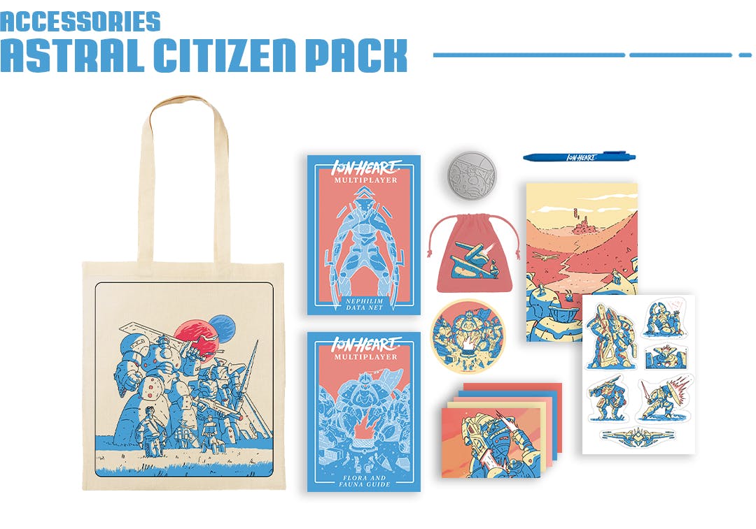 Astral Citizen pack includes a custom tote bag, two softcover booklets filled with lore and gameplay content, a metal 1st player token, a dice bag, an iron on patch, art print, pen, postcards, and sticker sheet.