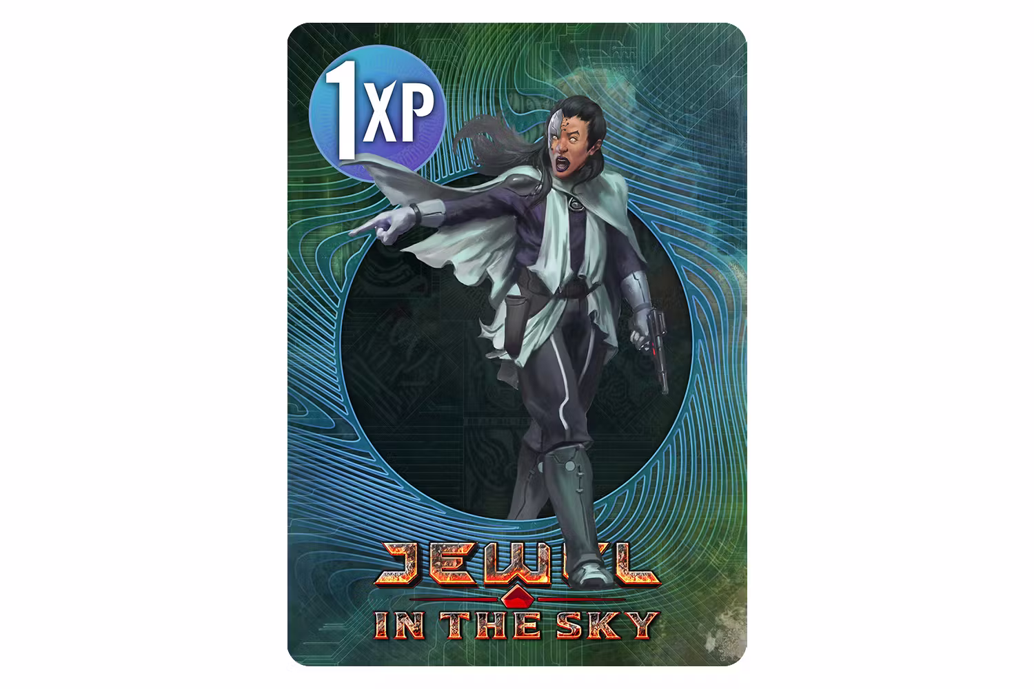 Mockup of a Cypher XP card featuring the Jewel in the Sky logo and an image of a sci-fi leader barking orders while grasping a pistol.