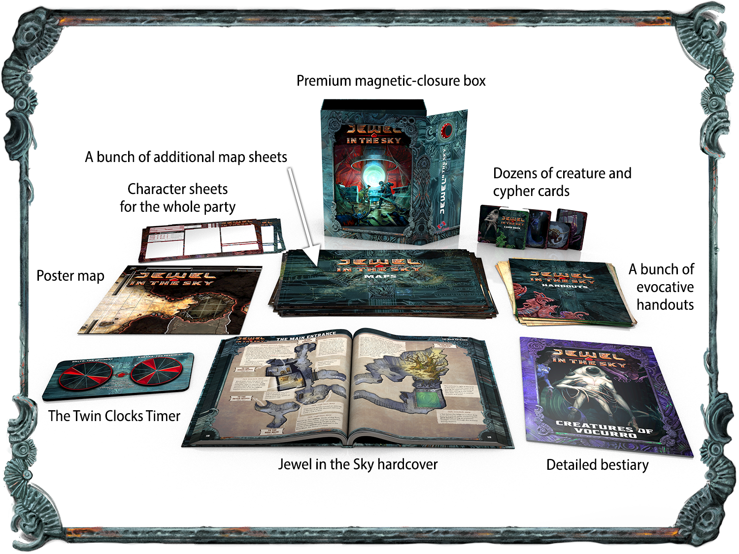 An image showing the box set contents, including: the content of the standard edition, split into three separate books for easier reference; a poster map; a dozen+ additional map sheets; a bunch of evocative handouts; dozens of creature and cypher cards; character sheets for the whole party—both fantasy and sci-fi versions; the Twin Clocks Timer; a detailed bestiary; and the premium magnetic-closure box.