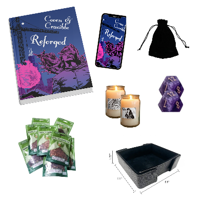 Coven & Crucible: Reforged in hard cover and pdf. Dice bag, amethyst dice, candles, tea, and dice tray.