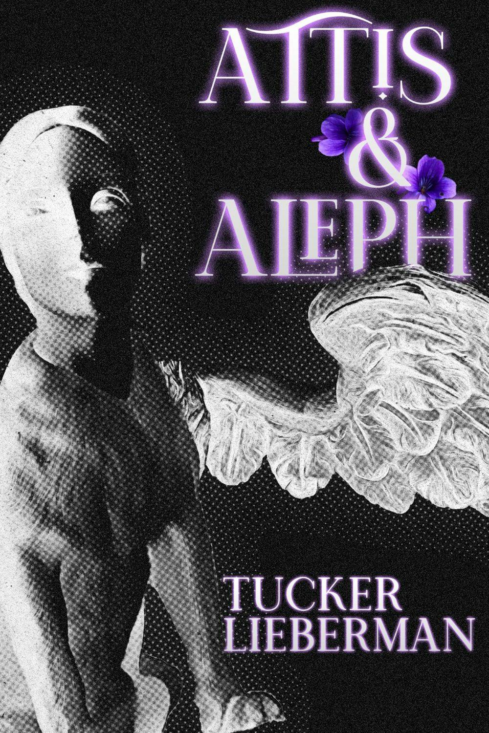 Black-and-white Sphinx with an Art Deco mannequin head. Attis & Aleph by Tucker Lieberman. There are violets around the ampersand.