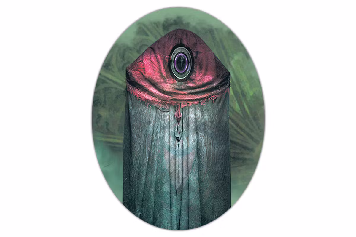 Mockup of a sticker showing a fantasy creature called a philethis, which looks like a looming cloak-covered being of indeterminate build with a smooth, eye-like face.