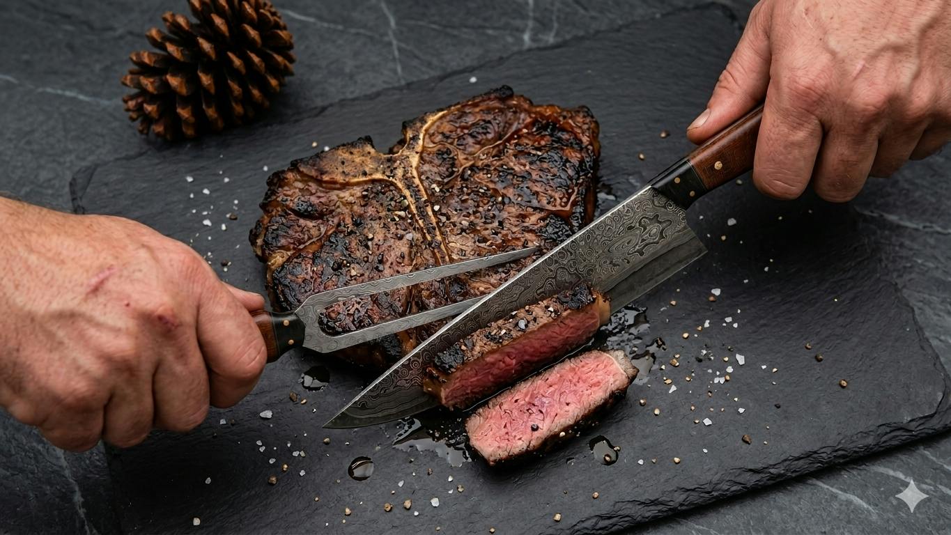 Handmade Damascus BBQ Knife & Fork set.