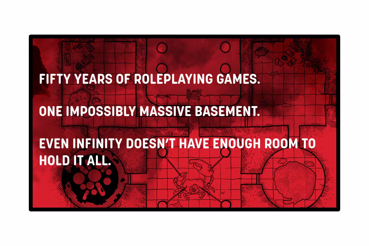Fifty years of roleplaying games.  One impossibly massive basement.  Even infinity doesn’t have enough room to hold it all. 