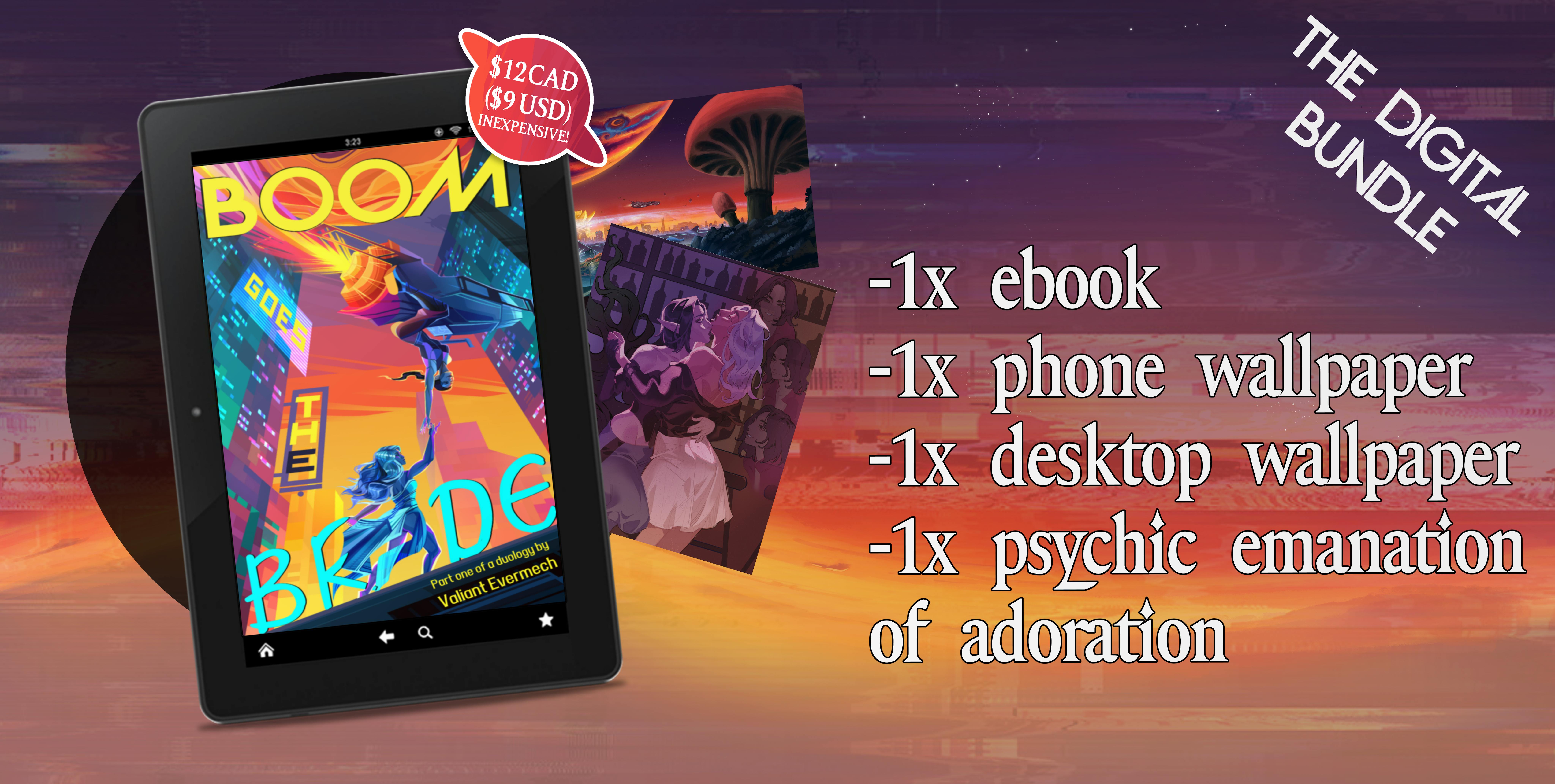 A mockup of the cover on an e-reader. A sticker reads $12 CAD/$9 USD. INEXPENSIVE! Text on the right reads 1x ebbok, 1x phone wallpaper, 1x desktop wallpaper.