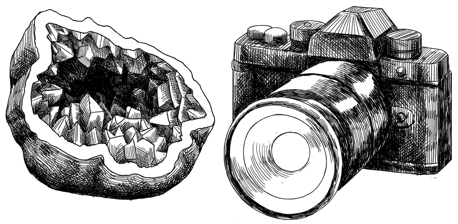 A black and white digital illustration of a geode and its crystalline heart next to a camera. Both are messily shaded as if drawn in pen