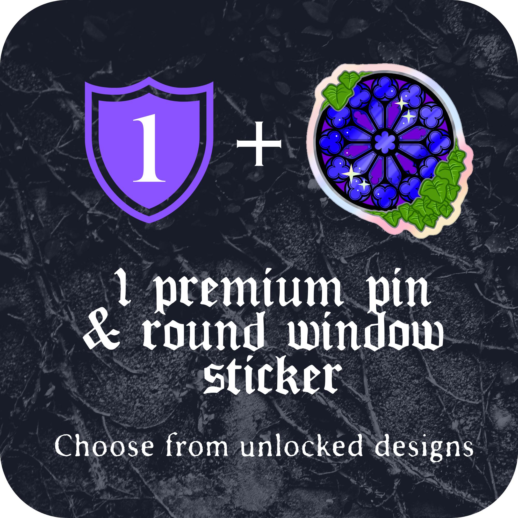 1 premium pin +Blue holo round window sticker