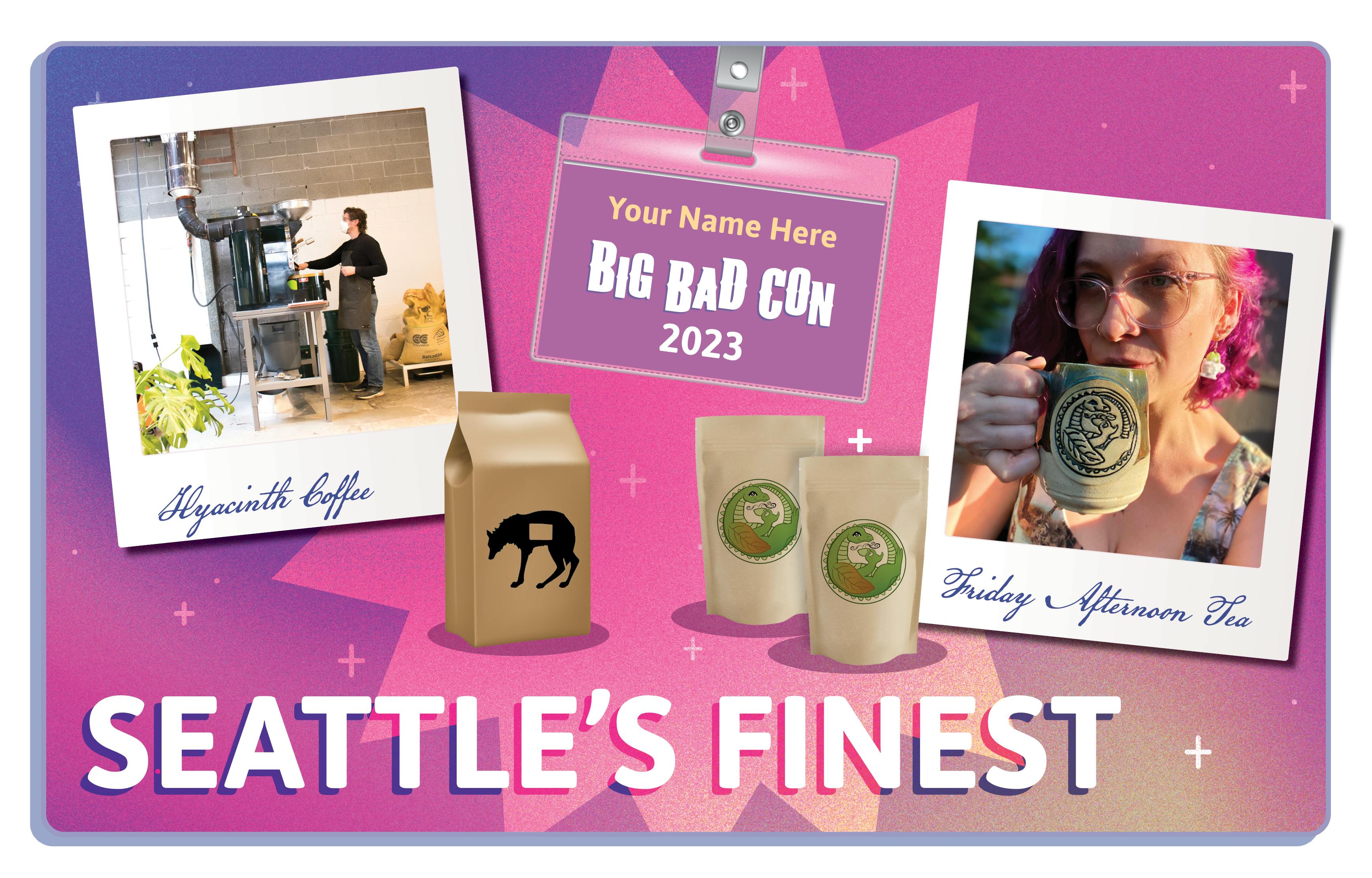 Image of  Denny Peseau roasting coffee, Friday holding a mug of Friday afternoon Tea, and a Big Bad Con Badge