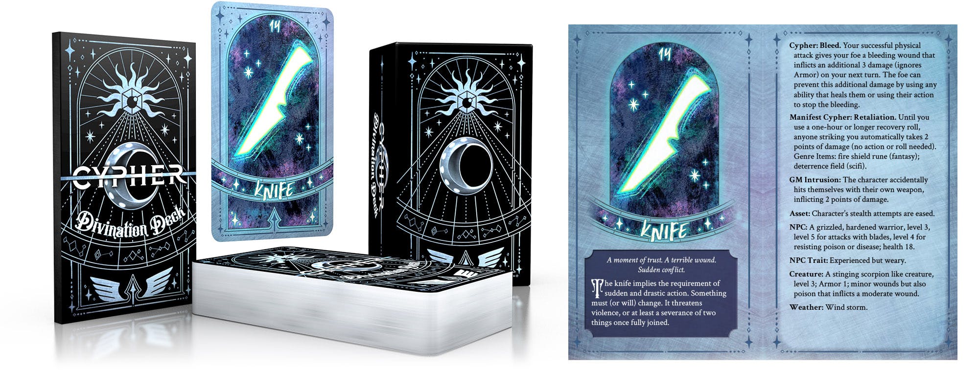An image showing the Divination Deck, including the deck, a booklet, a box holding it all, and a spread from the booklet.