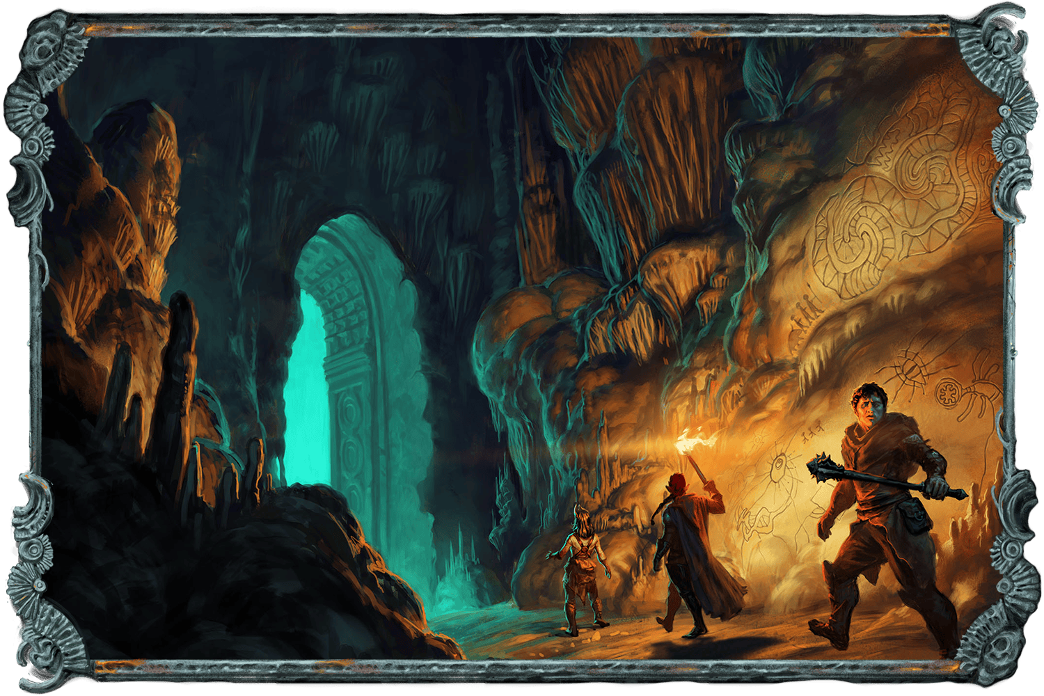 An illustration showing a group of fantasy characters exploring a strange dungeon space.