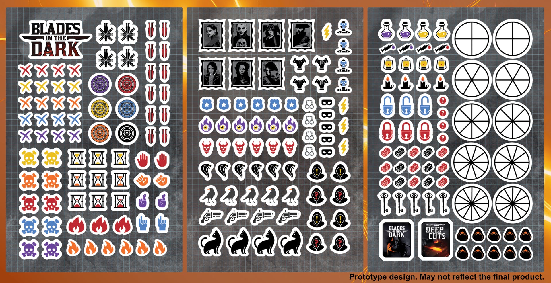 A mockup of the three pages of stickers that were unlocked. They include a variety of icons: potions, skull and crossbones, flintlock pistols, the twin daggers, and more. It also includes two sets of clock icons divided variously into 4, 6, 8, 10, and 12 segments.