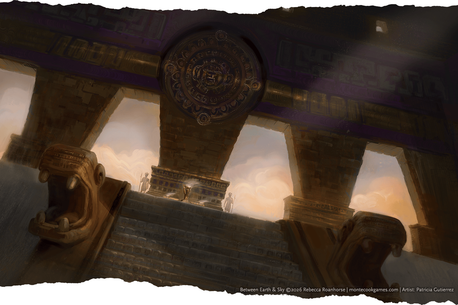 An illustration of a massive Mesoamerican-style temple with some sort of ceremony being performed at the top of the impressive stairway.
