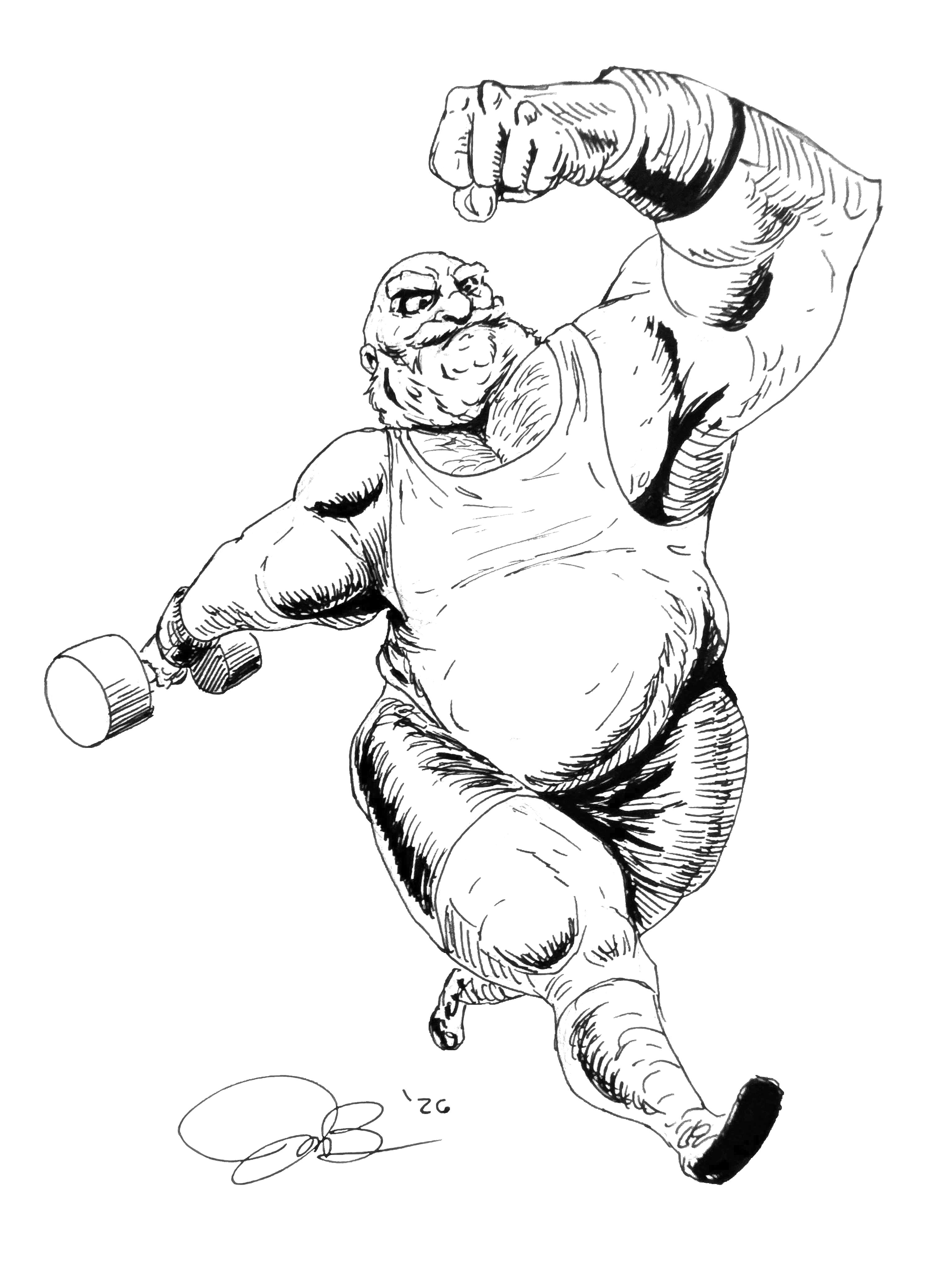 Image of a burly lifter running with purpose holding a dumbbell in one hand.