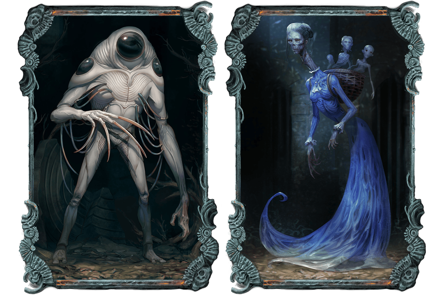 An image showing a strange being that might be a creature, or might be a person in a weird spacesuit, next to a second image of what appears to the ghost of a spindly woman with a basket full or ghost children on her back.