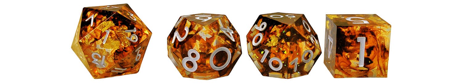 A set of 4 dice: a d20, 2 d10s, and a d6, in translucent amber color.