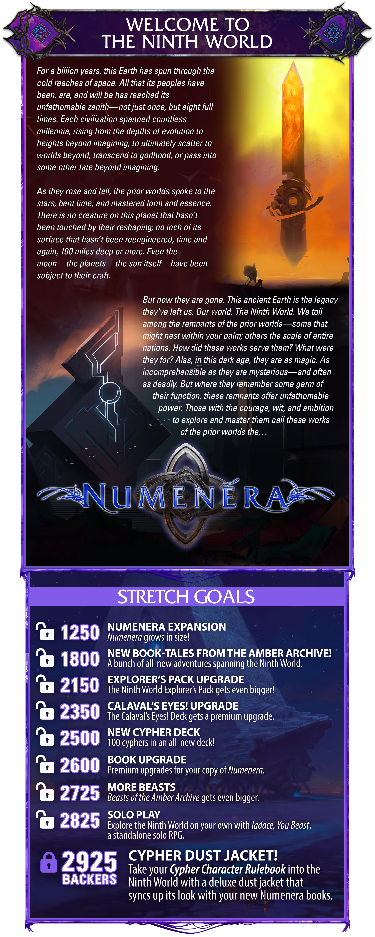 Header: Welcome to the Ninth World. Body copy: For a billion years, this Earth has spun through the cold reaches of space. All that its peoples have been, are, and will be has reached its unfathomable zenith—not just once, but eight full times. Each civilization spanned countless millennia, rising from the depths of evolution to heights beyond imagining, to ultimately scatter to worlds beyond, transcend to godhood, or pass into some other fate beyond imagining. As they rose and fell, the prior worlds spoke to the stars, bent time, and mastered form and essence. There is no creature on this planet that hasn’t been touched by their reshaping; no inch of its surface that hasn’t been reengineered, time and again, 100 miles deep or more. Even the moon—the planets—the sun itself—have been subject to their craft. But now they are gone. This ancient Earth is the legacy they've left us. Our world. The Ninth World. We toil among the remnants of the prior worlds—some that might nest within your palm; others the scale of entire nations. How did these works serve them? What were they for? Alas, in this dark age, they are as magic. As incomprehensible as they are mysterious—and often as deadly. But where they remember some germ of their function, these remnants offer unfathomable power. Those with the courage, wit, and ambition to explore and master them call these works of the prior worlds the… Numenera. Art shows the Amber Monolith as well as a cool building, plus the Numenera logo over the Order of Truth symbol. STRETCH GOALS UNLOCKED: 1250 backers: Numenera Expansion: Numenera grows in size! 1800 Backers: New book—Tales from the Amber Archive. A bunch of all-new adventures spanning the Ninth World! 2150 Backers: Explorer's Pack Upgrade. The Ninth World Explorer's Pack gets even bigger! 2350 Calaval's Eyes! Upgrade. The Calaval’s Eyes! Deck gets a production upgrade with premium features. 2500: New Cypher Deck. 100 cyphers in an all-new deck! 2600: Book Upgrade. Premium upgrades for your copy of Numenera. 2725: More Beasts! Beasts of the Amber Archive gets even bigger. 2825: Solo Play! Explore the Ninth World on your own with Iadace, You Beast, a standalone solo RPG. LOCKED: 2925 BACKERS: CYPHER DUST JACKET! Take your Cypher Character Rulebook into the Ninth World with a deluxe dust jacket that syncs up its look with your new Numenera books.