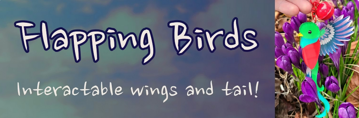 promo banner image for Poayo's Universe Backerkit campaign called Flapping Birds. Text says Interactable wings and an image on the right shows a Resplendant Quetzal bird charmhttps://www.backerkit.com/c/projects/poayo-s-universe/flapping-birds/launch_party