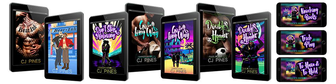 Tablets showing eBook covers for books set in Chance's Harbor (with alternate steamy cover variants), including Bear Ink, Go the Long Way, Double Header, Don't Stop Believing, Knocking Boots, To Have & To Hold, & Trick Play.