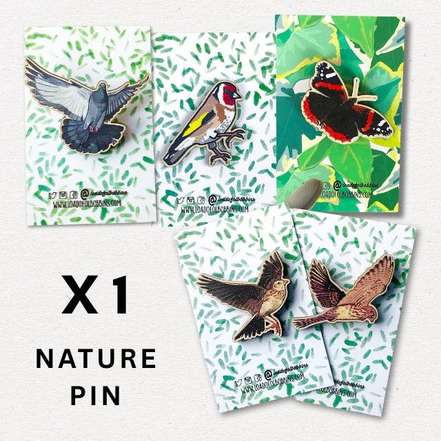 a collection of laser cut wooden pins inspired by nature. Clockwise from top left a flying pigeon, a European goldfinch, a red admiral butterfly, a flying kestrel and a sky lark.