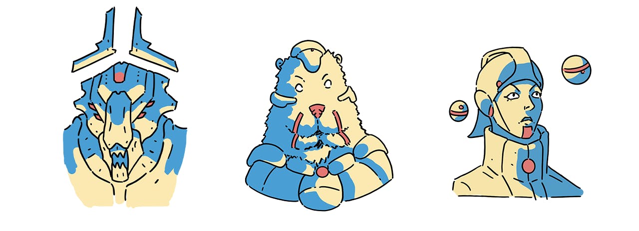 Artwork: headshots of enemies of the Astral Union - such as the Nephelim, rebels, and the megacorporations.