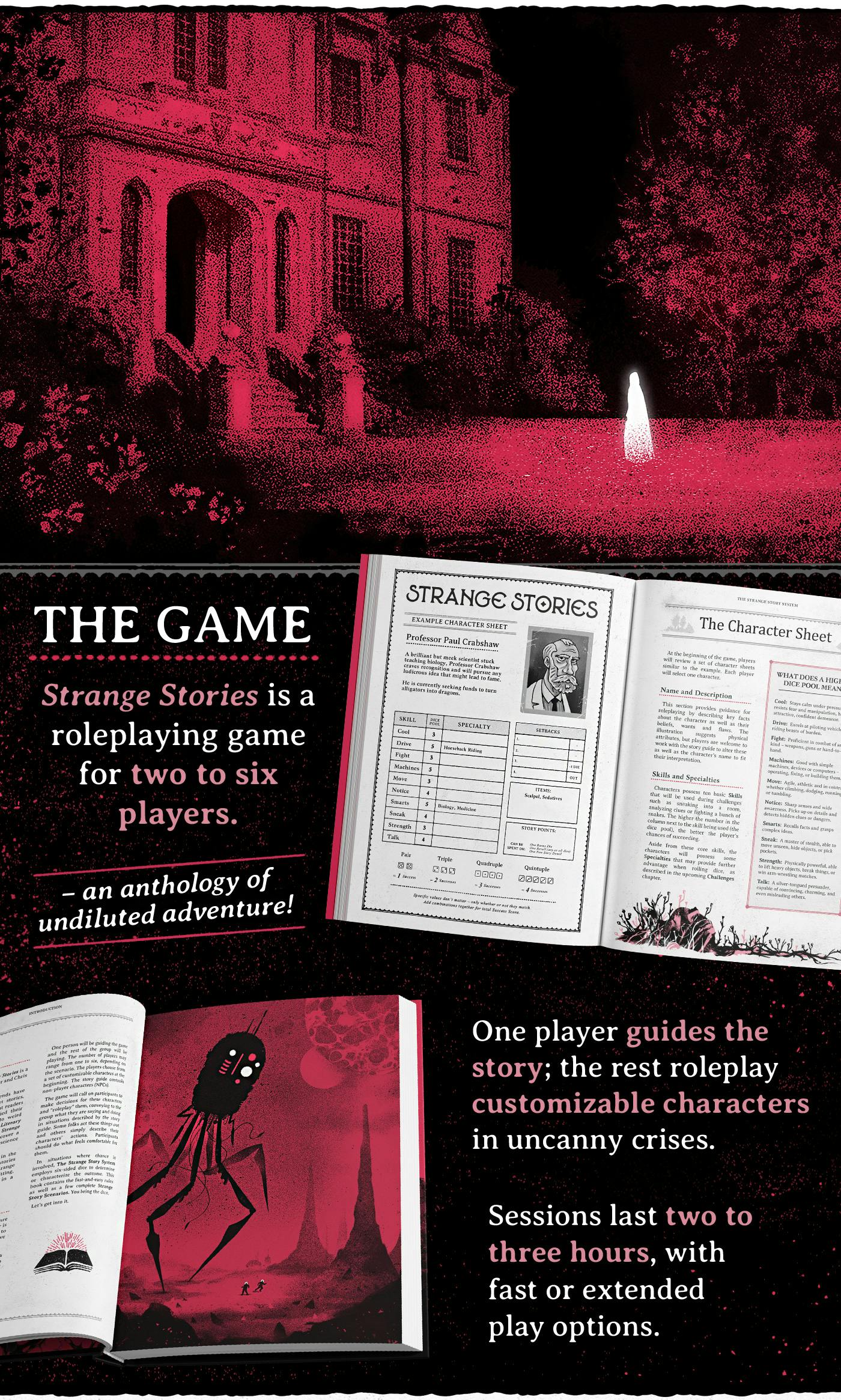 Image of a haunted house and information about the Strange Stories Game System.