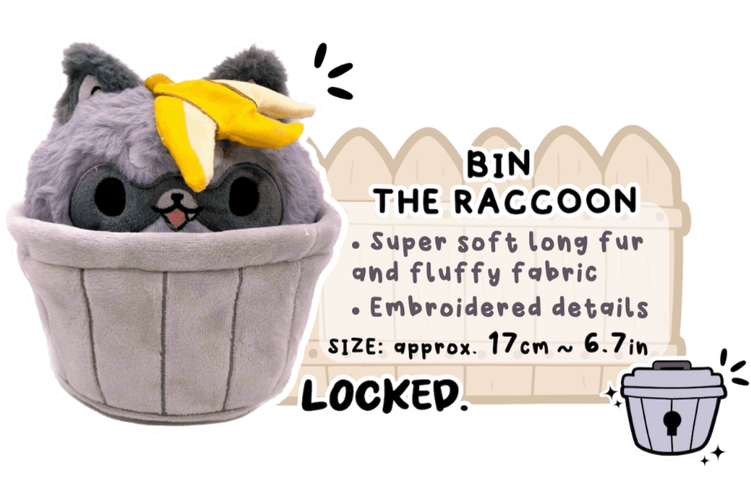 Bin the Raccoon Plushie & its accessories