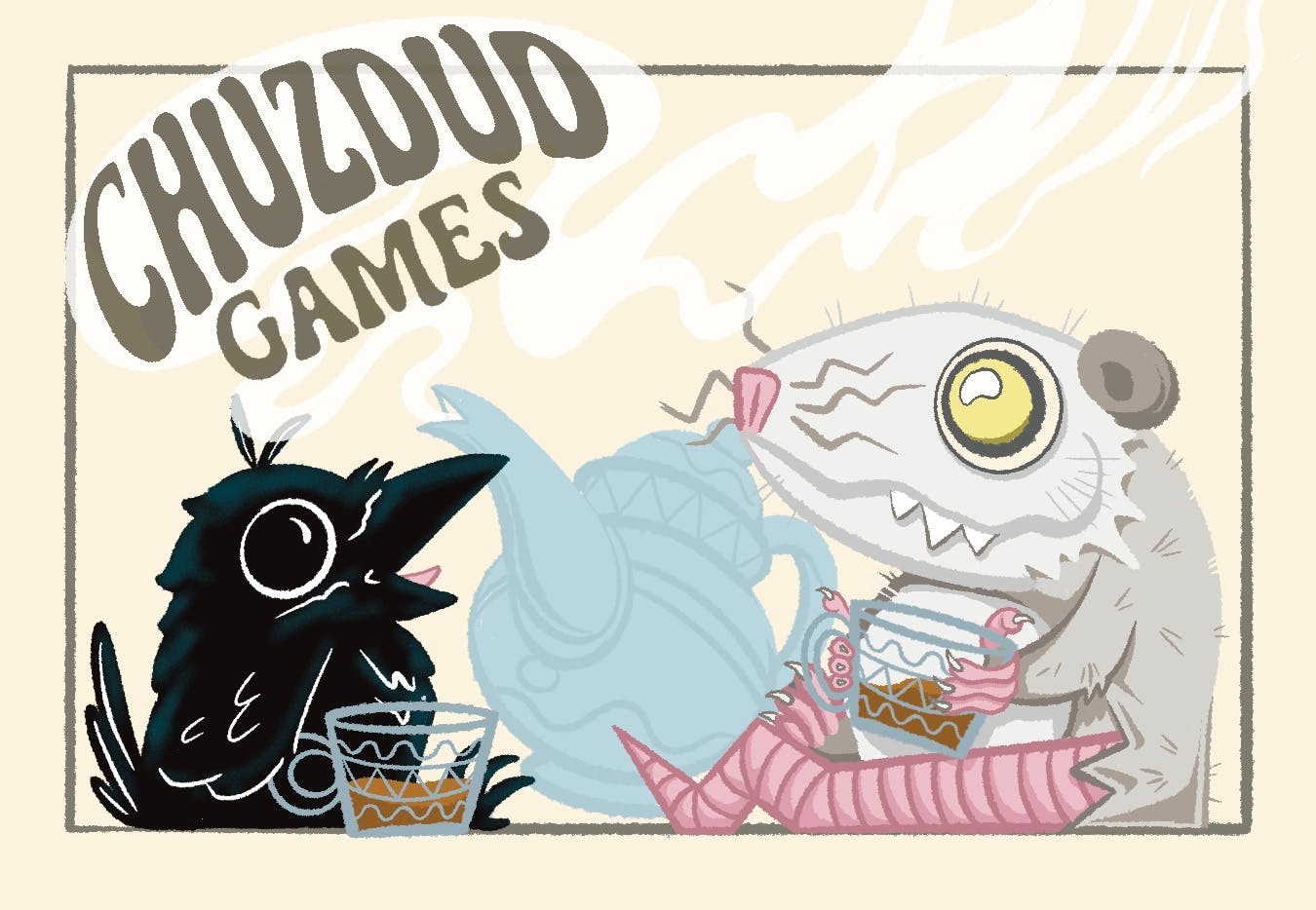  Chuzdud Games logo featuring a goofy, chubby cartoon crow and opossum sitting face-to-face sharing a pot of tea. 