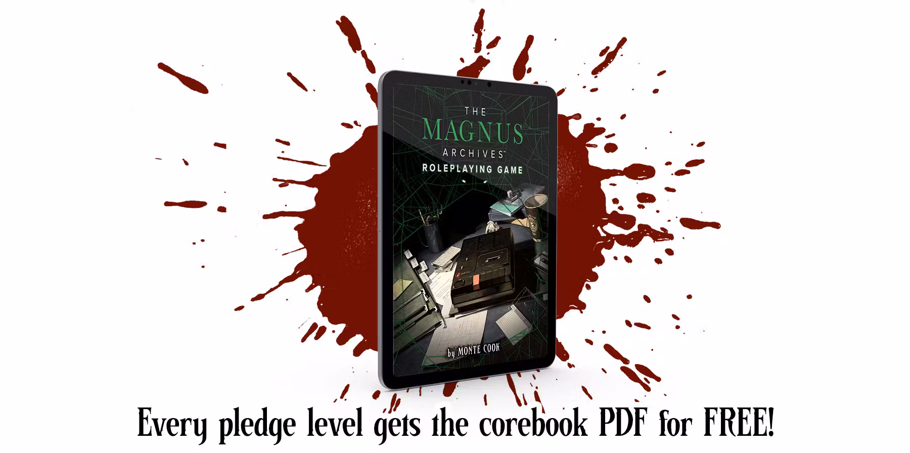 Every pledge level gets the corebook PDF for Free! Image of the corebook on a tablet screen.