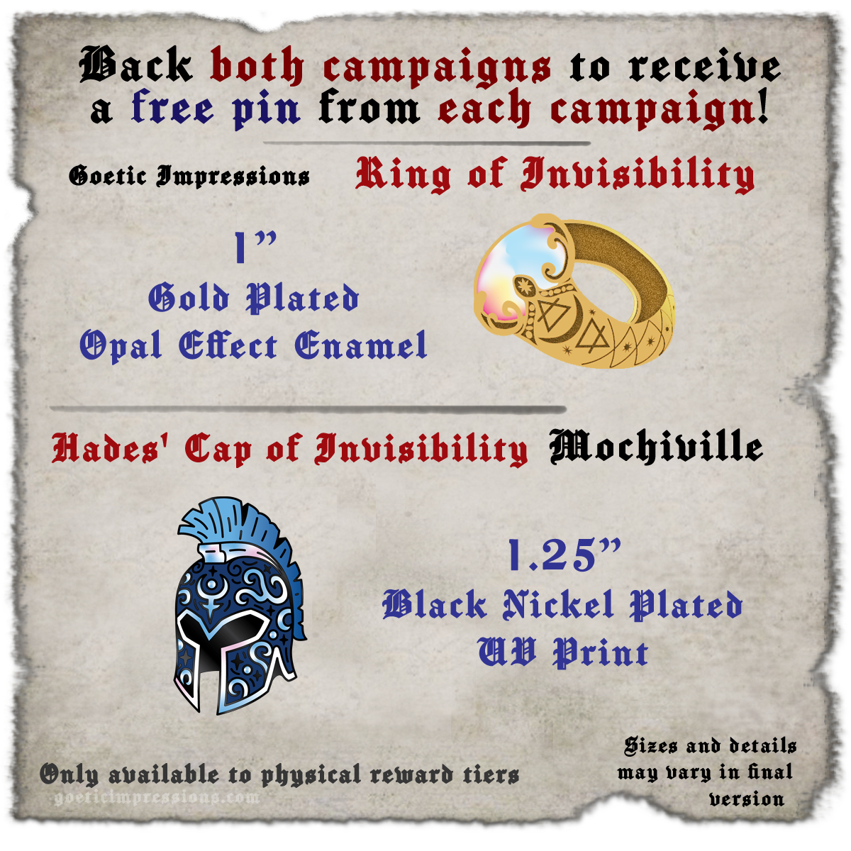  Free Ring of Invisibility and Hades' Cap of Invisibility enamel pin when you back both this campaign and Mochiville's Weapons of Heroes Series 5 
