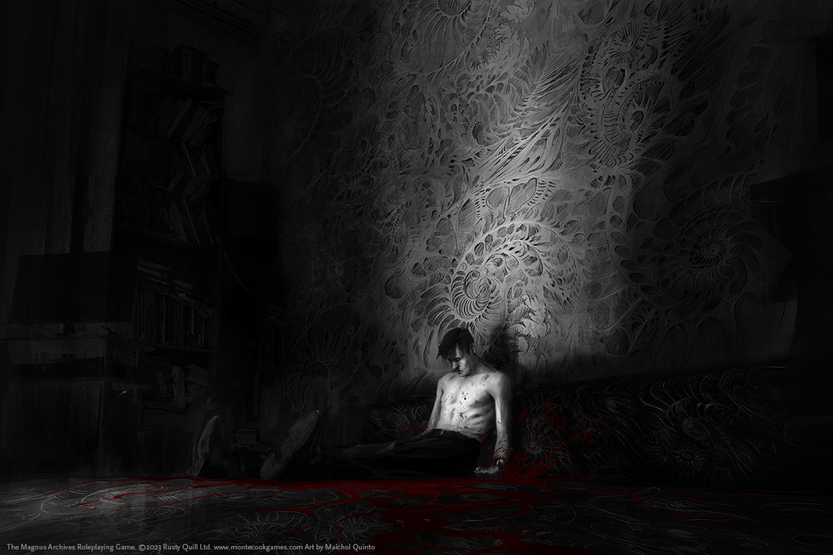 A gaunt man sits in shadows against a wall covered in intricate spiral patterns.