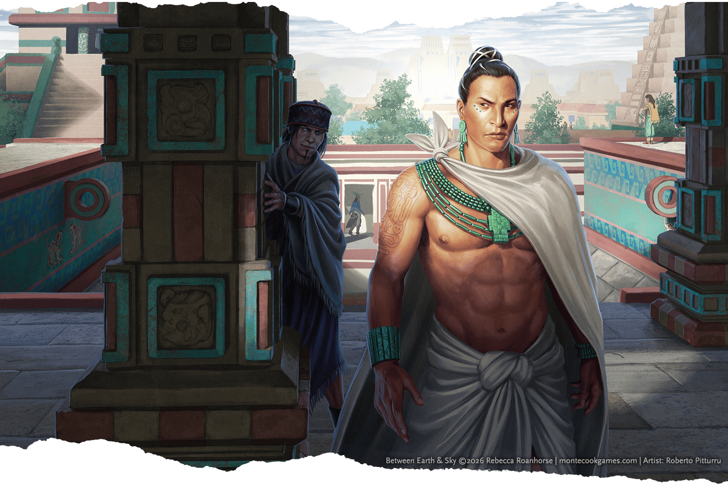 An illustration showing a merchant lord who suspiciously watches someone following him.
