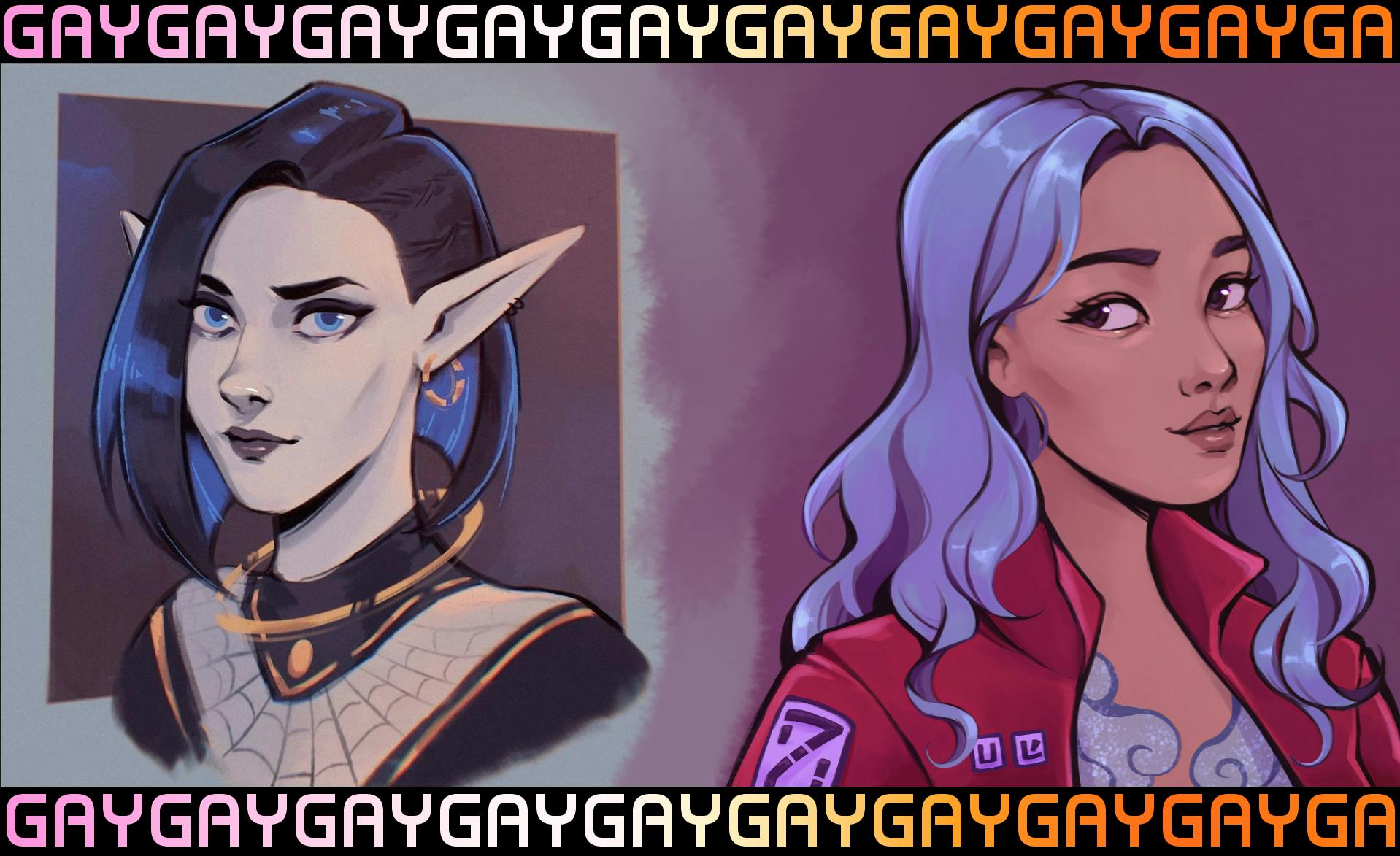 A cyberpunk elf with spider themed bodysuit and an asymmetrical haircut with blue under tint. next to a darker skinned Asian woman with long blue hair, a red biker jacket, and a flowing cloudy shirt beneath. 