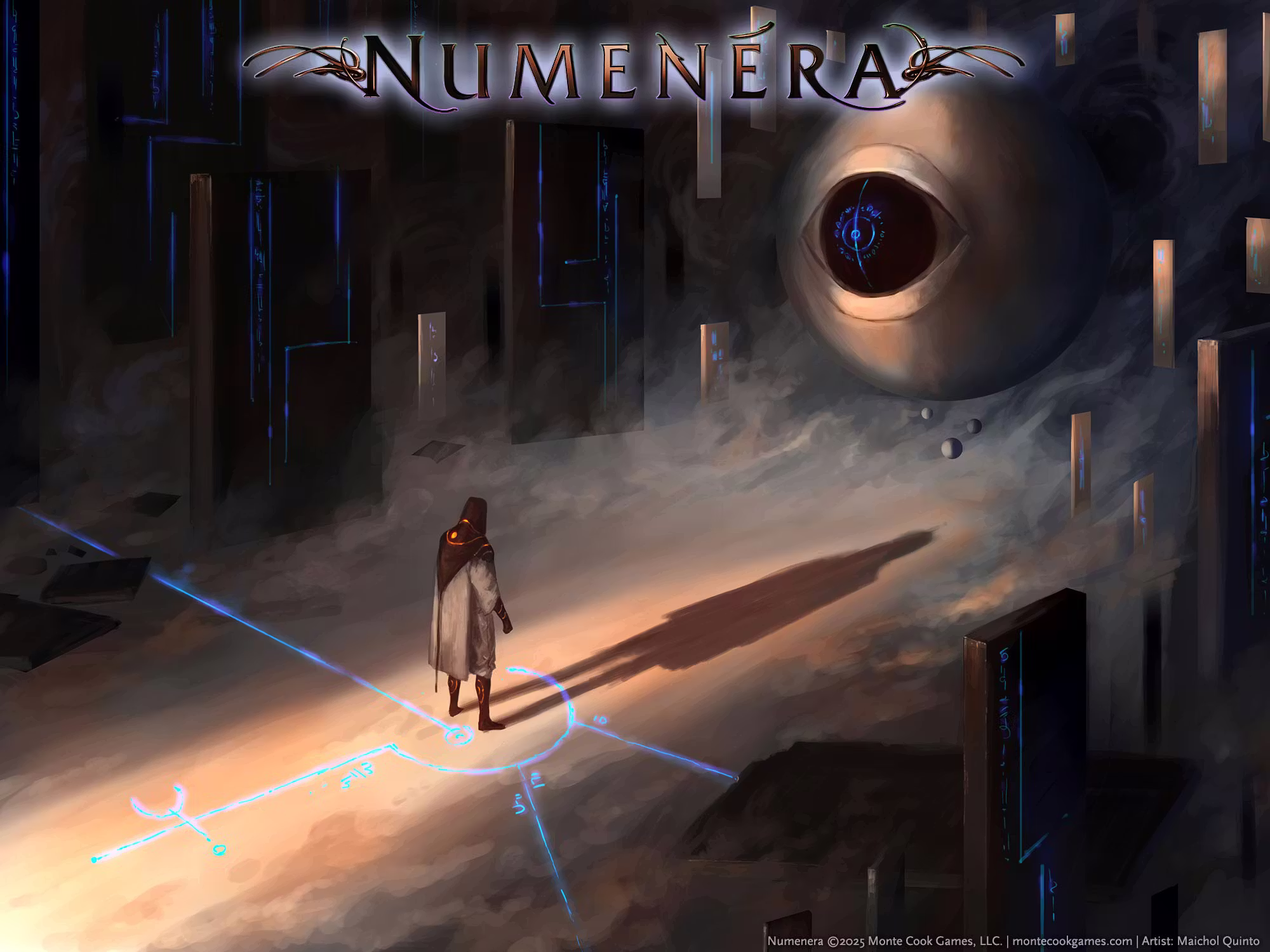Art showing a fantasy character in a dark ruin standing before a giant eye-like piece of ancient technology.