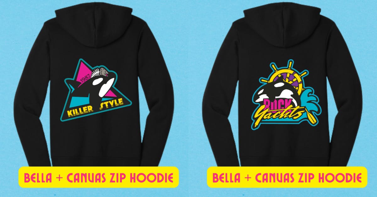 two black hoodies side by side; on the left is killer style and on the right is rock yachts