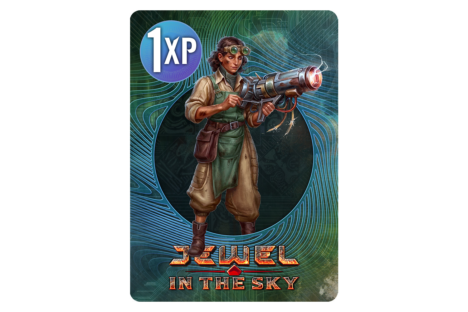 Mockup of a Cypher XP card featuring the Jewel in the Sky logo and an image of a sci-fi character with goggles holding a large high-tech device that might be a weird gun.