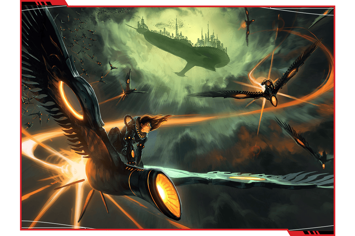 Scene with characters on personal flying craft, soaring through dark clouds as they descend from a flying city.