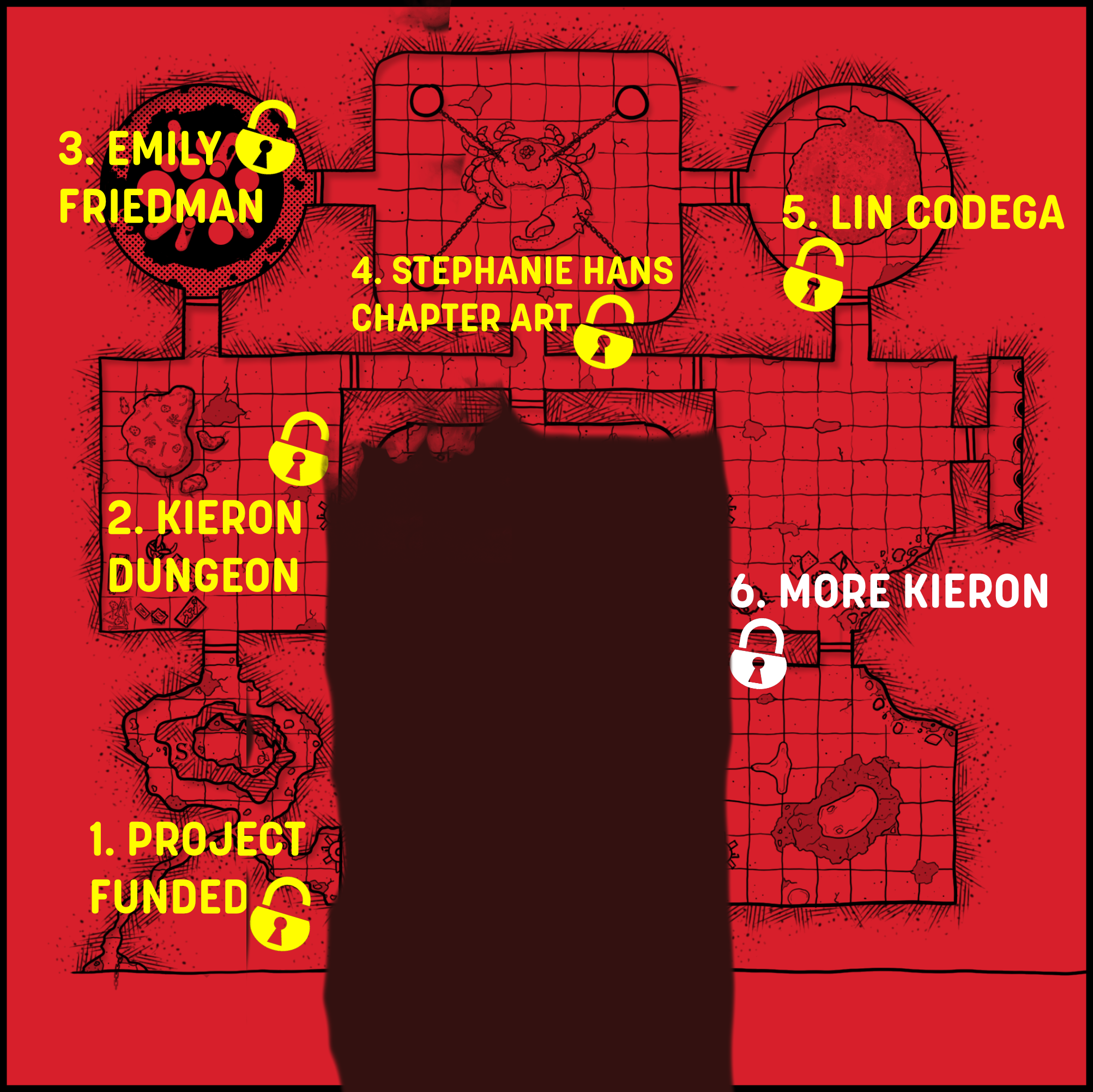 Image showing the DIE Metadungeon stretch goals. Currently that means a field of grey smoke, revealing just the left side: 1. Project funded (unlocked) and 2. Kieron Dungeon (unlocked) 3. Emily Friedman (unlocked) 4. Stephanie Hans chapter art (unlocked), 5. Lin Codega (unlocked), 6. More Kieron (locked). 