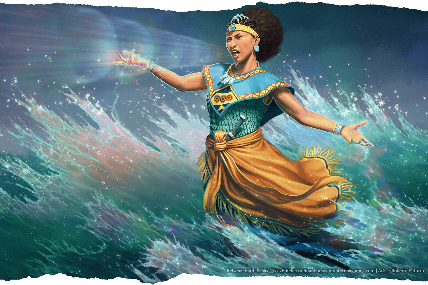 An illustration showing a Teek calling a giant wave with their song.