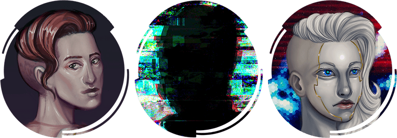 A 3/4 profile of a cyborg man with brown hair and a side shave, a 3/4 view of some sort of glitchy looking shadow, maybe of a face? and a 3/4 view drawing of a white and gold cyborg woman with white hair and blue eyes.