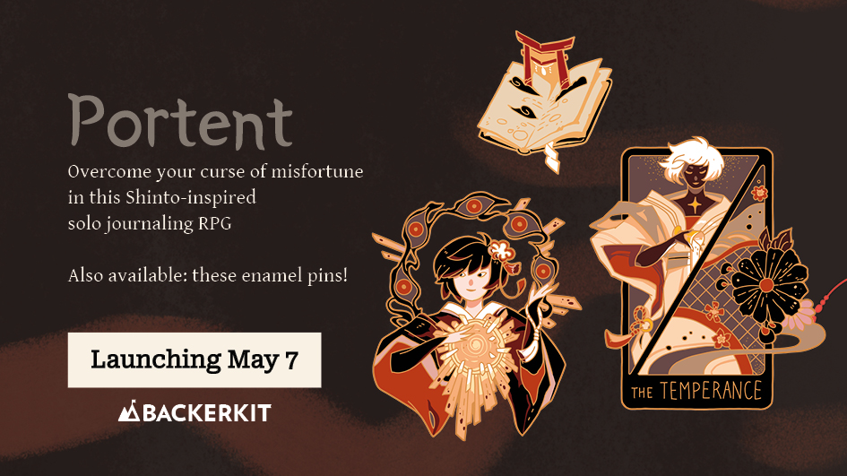 Banner of my next project, Portent, which launches May 7 over on Backerkit. There are also three enamel pins linked to this project.