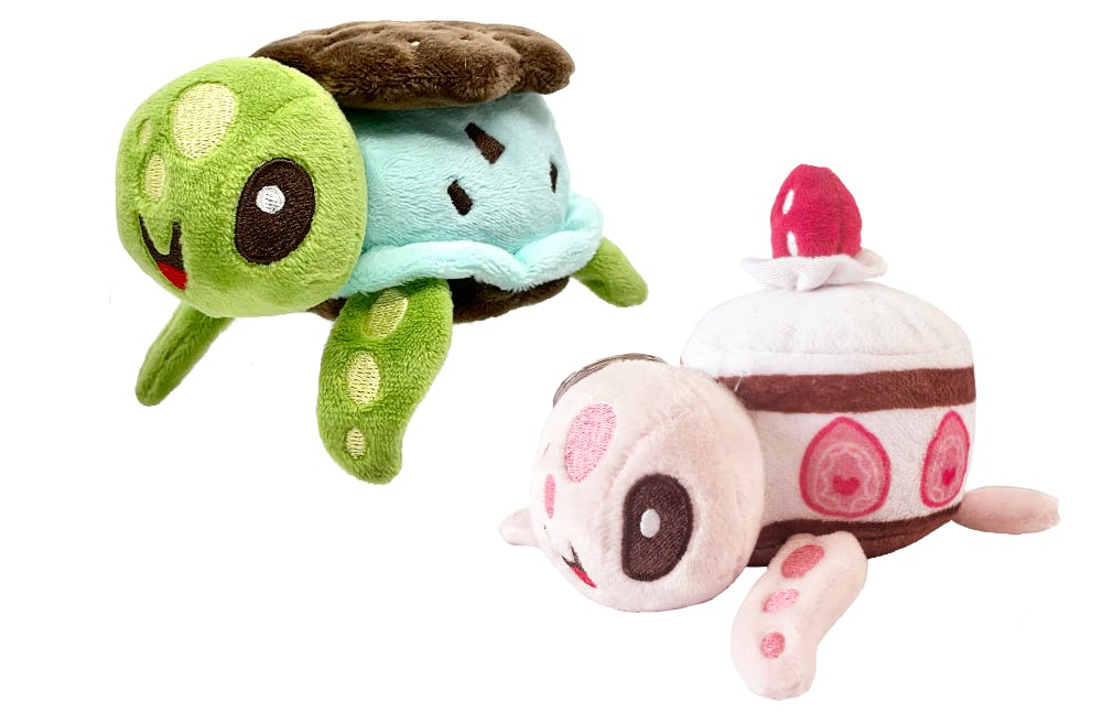 Mint Chocoturtle & Berry Chocoturtle plush & pins