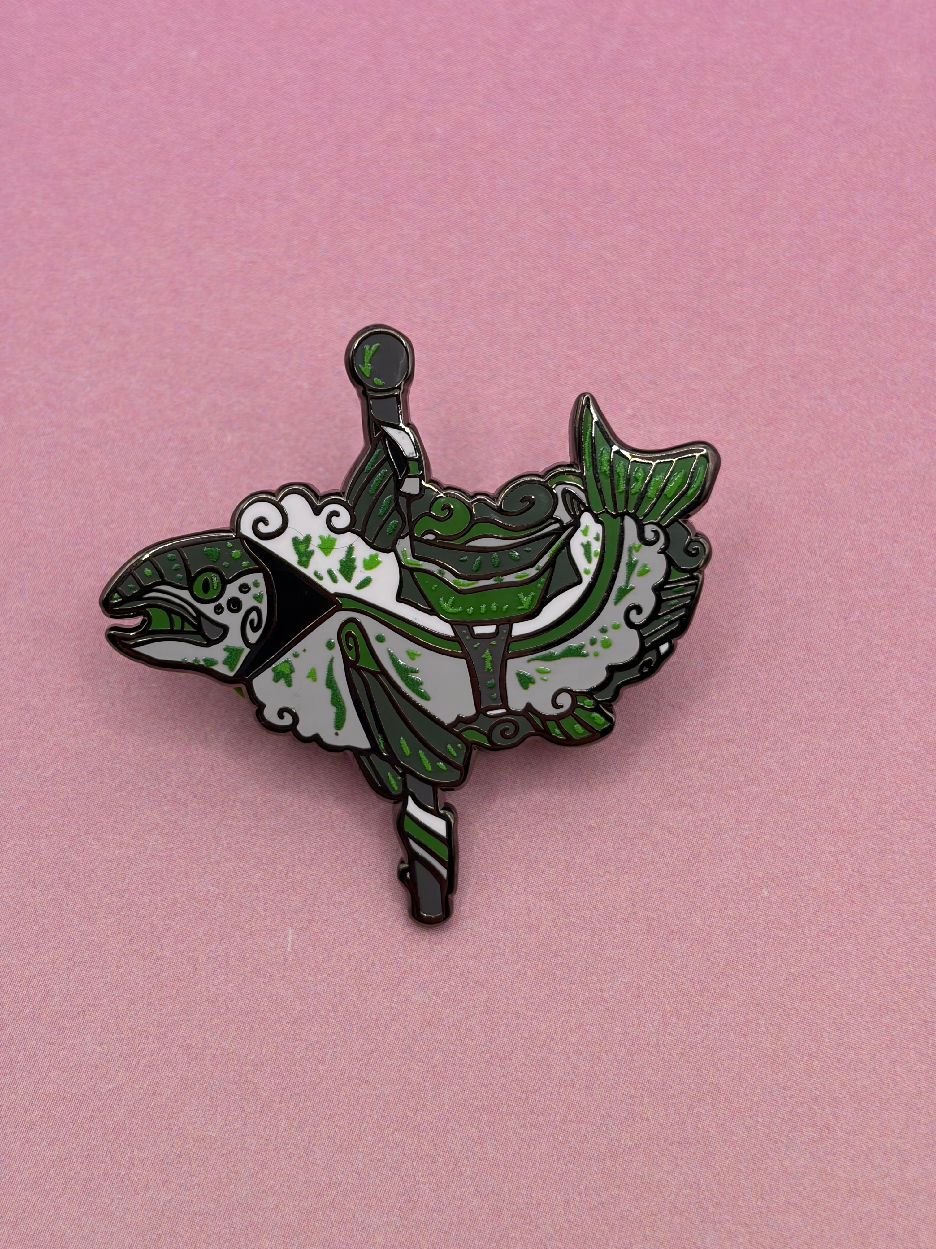 Demiromantic pride flag fur-bearing trout enamel pin