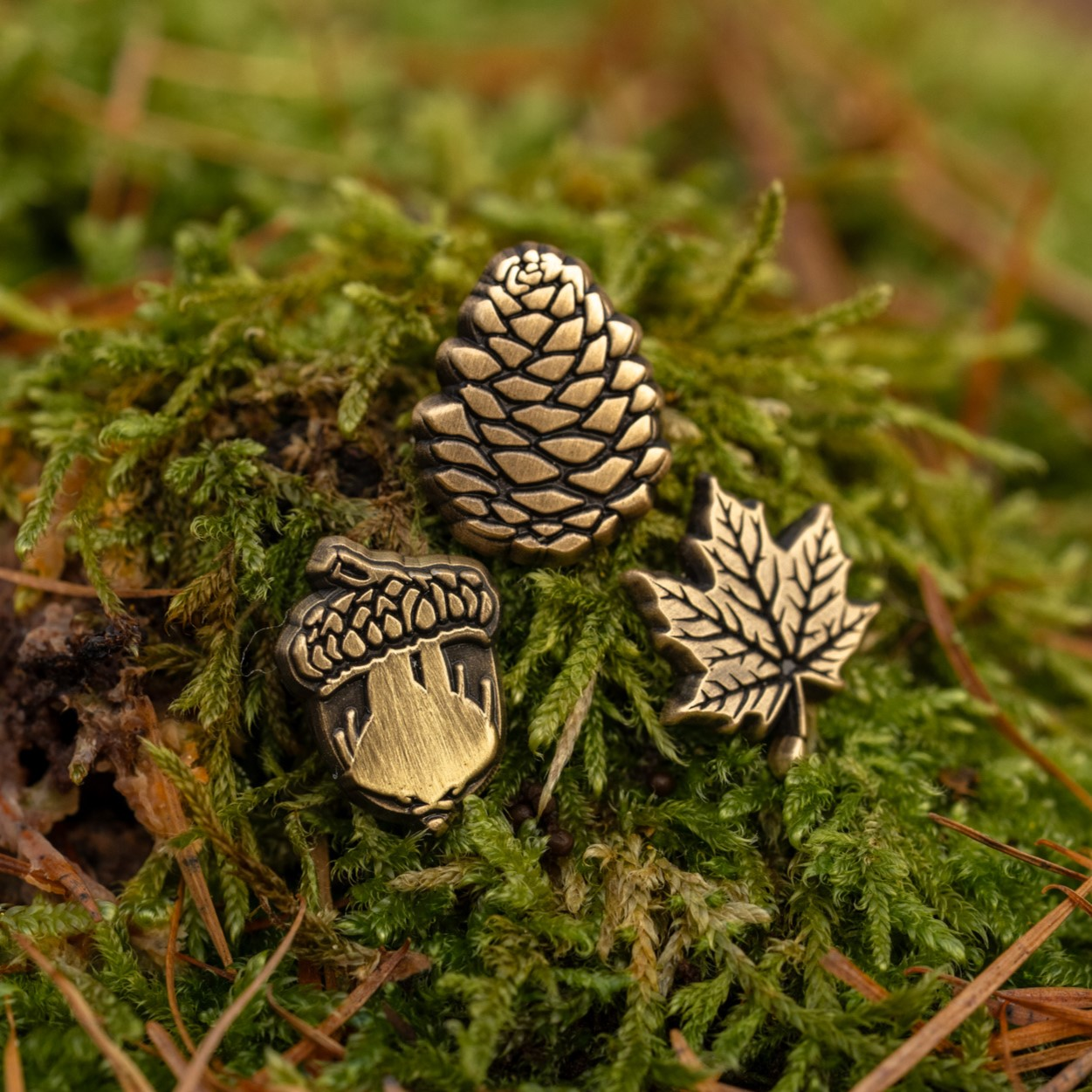 3x  Mini Antique Brass Pins - Forest Treasure Set