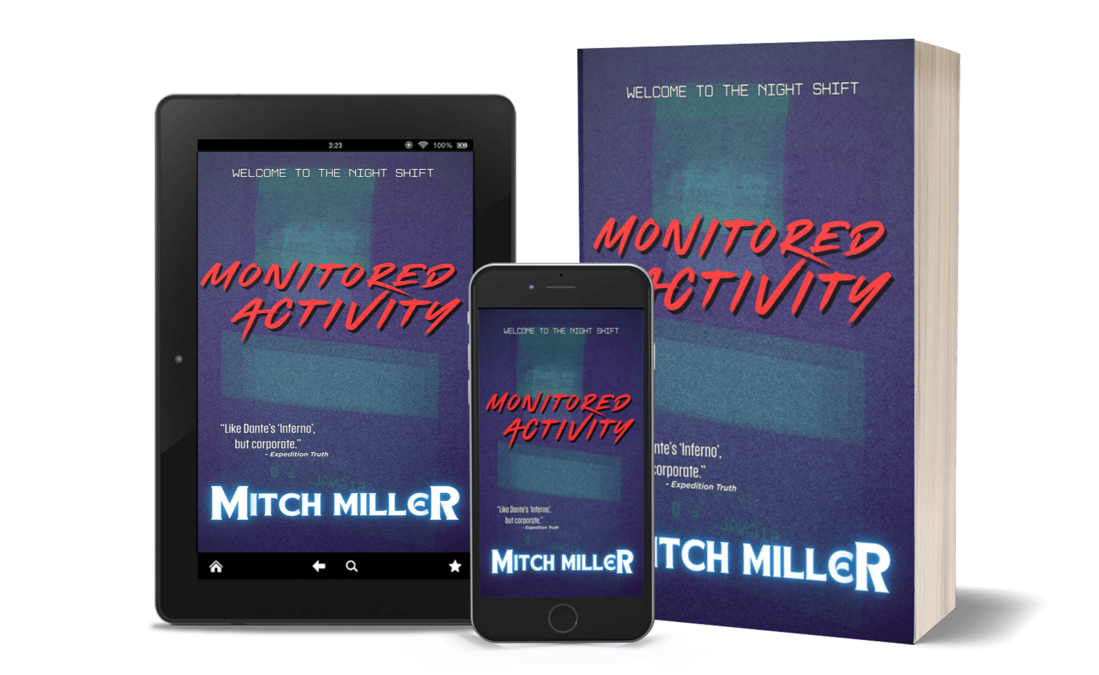 A paperback, mobile, and tablet mockups of Monitored Activity.