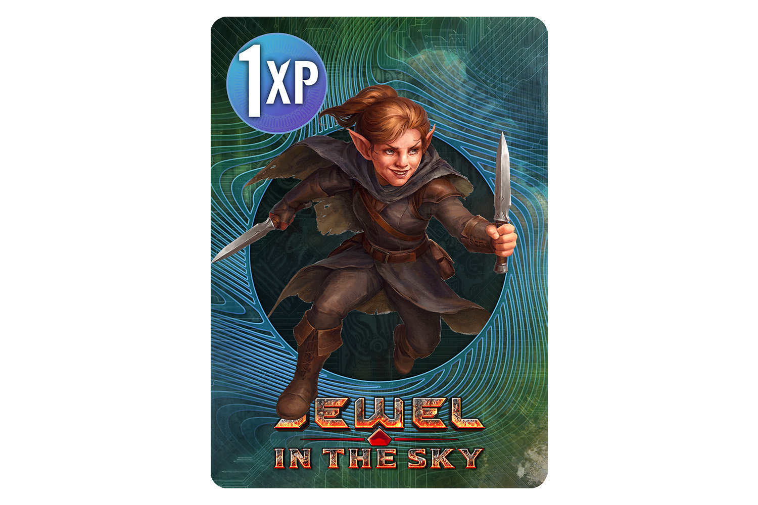Mockup of a Cypher XP card featuring the Jewel in the Sky logo and an image of a fantasy halfling character wielding two knives.