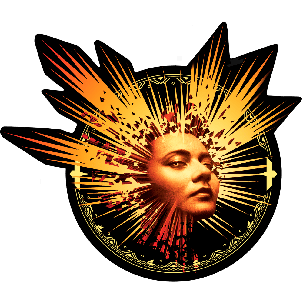 Sticker mockup with an image of an enigmatic woman's face surrounded by golden radiating lines.